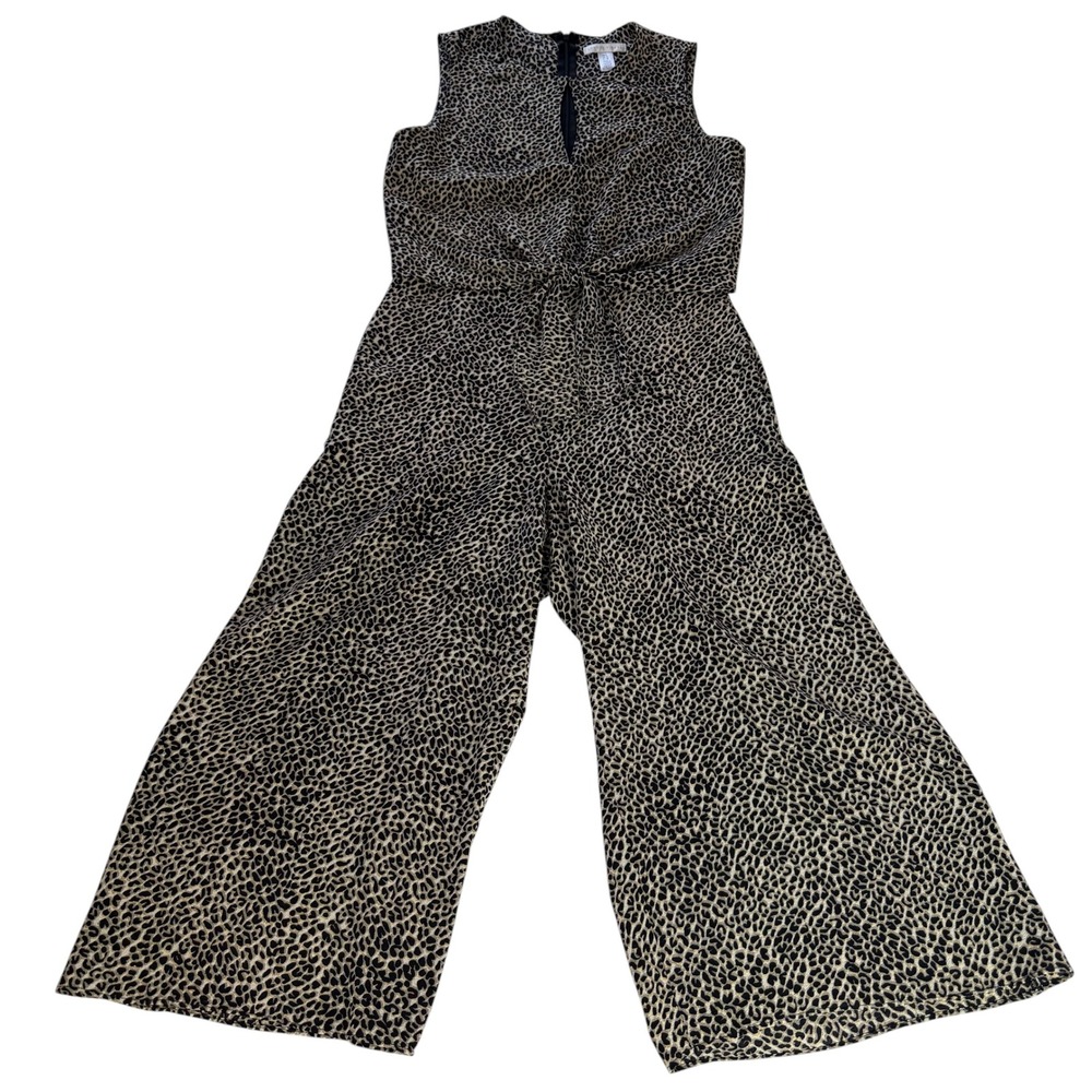 London Times Leopard Print Sleeveless Tie Front Wide Leg Culotte Jumpsuit Size 6
